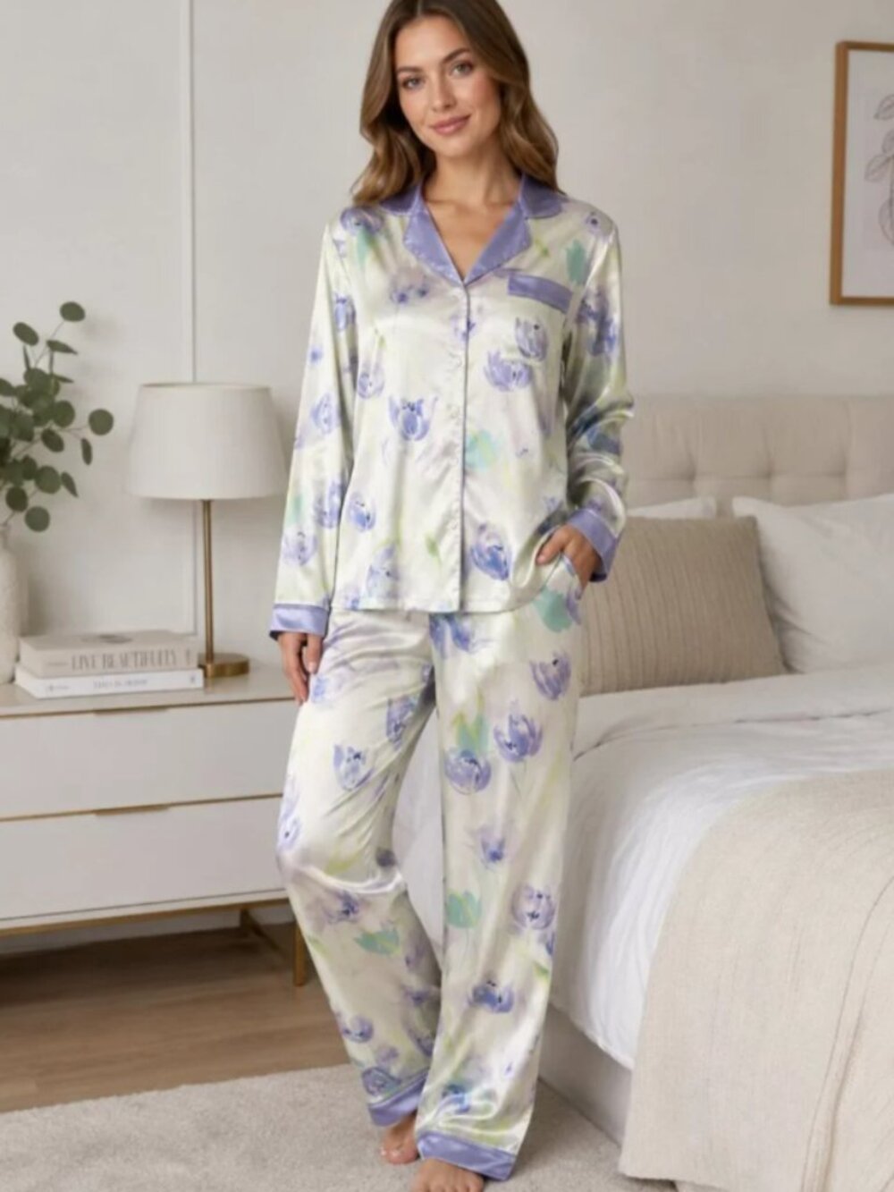 Silky Satin Floral Pajama Set Women's 2 Piece Button Up Long Sleeve Size L